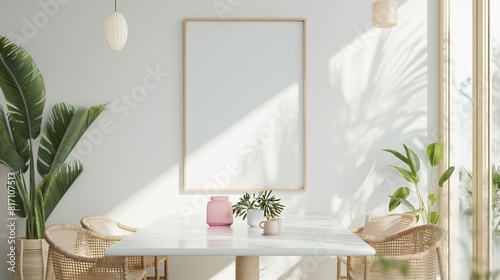 Frame mockup, dining room with rattan chairs and table, framed wall poster, 3D render