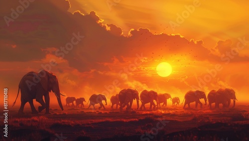 A herd of elephants in the savannah at sunset, with one elephant leading and the others following behind it, symbolizing community