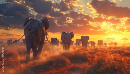 A herd of elephants in the savannah at sunset, with one elephant leading and the others following behind it, symbolizing community