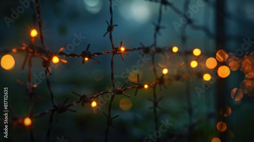 Human rights and social justice may seem like abstract concepts when juxtaposed with the blurred image of a barbed wire fence illuminated by candlelight casting a golden glow This poignant 