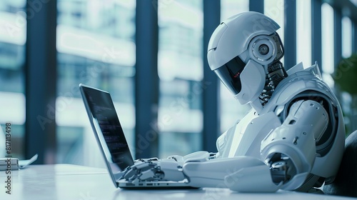 android robot doing some paperwork and working on a laptop, futuristic AI humanoid technology, 