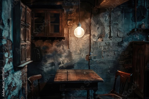 Dark basement with a flickering single bulb, focus on the shadowy corner, mystery theme, realistic, Fusion, old furniture.