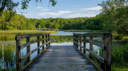 Tranquil scene of a wooden fishing pier extending into a peaceful river, framed by a rustic bridge in the distance.