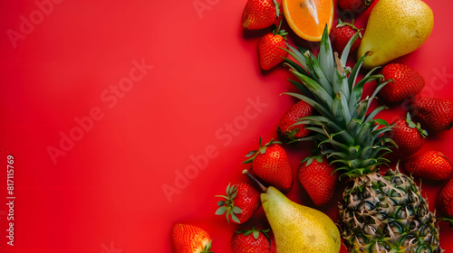 Fresh tropical fruit isolated red defocused background, strawberries pears pineapple orange organic, close-up natural fruit for detox juice