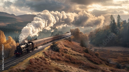Vintage steam train traveling through a scenic landscape, emitting clouds of white steam.