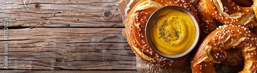 Top view of a German pretzel with mustard dipping sauce, using the rule of thirds, with ample copy space