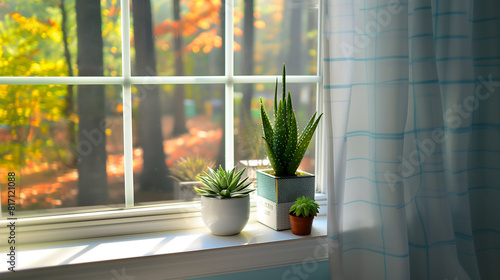 a sunlit window view with potted succulent plants, the view outside the window showing autumnal trees in full color