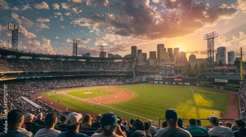 Sunset at the Baseball Stadium with City Skyline View