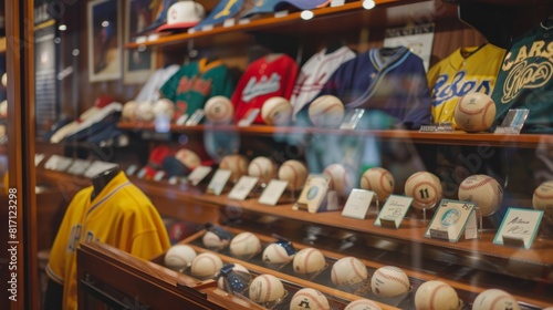 Display of Baseball Memorabilia in Collector's Showcase Featuring Jerseys, Bats, and Baseballs