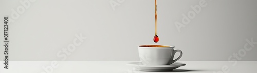 A minimalist, high-key setup of a coffee drip over a white porcelain cup, the coffee stream captured mid-drip, set against a crisp, white background, broad empty space on the right