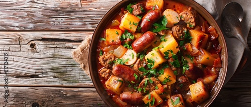 Top view of Argentinian locro with sausage, using the rule of thirds, with ample copy space, rich and hearty, high-quality image