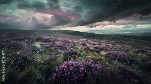 Capture a windswept Yorkshire moor from a dramatic tilted angle, showcasing the heather in rich purples and greens under a stormy sky, evoking a sense of raw beauty and solitude