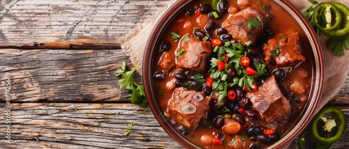 Top view of a Brazilian feijoada with black beans and various meats, using the rule of thirds, with ample copy space