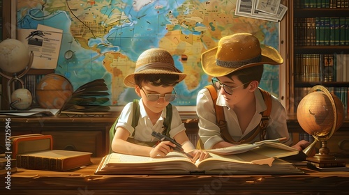 Two boys in the pilot study and the tourist old book travel