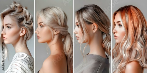 Different hairstyles on women including blonde hair ponytail and bobcut. Concept Blonde Hair, Ponytail, Bobcut, Women's Hairstyles, Hair Transformations