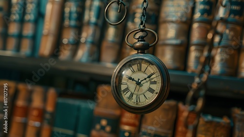 Vintage clock hanging on a chain on the background of old books.