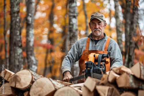 Man wearing camo hat cutting tree trunks with chainsaw in forest