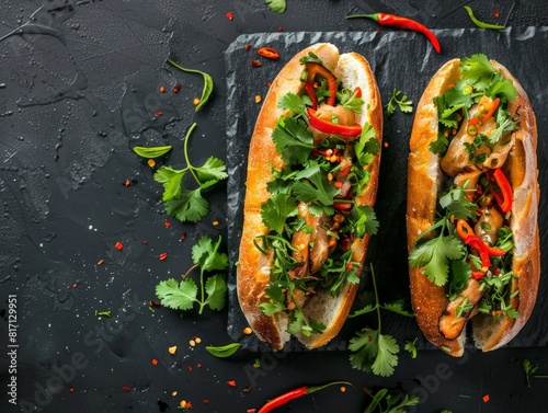 Top view of a Vietnamese banh mi sandwich with fresh vegetables and herbs, using the rule of thirds, with ample copy space