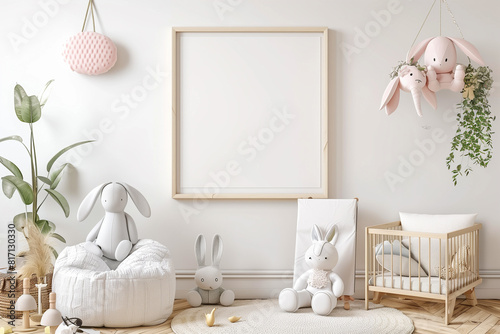 Mock up frame in unisex children room interior background 3D render
