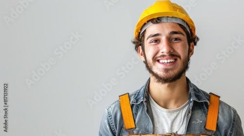 Young Male Builder in Helmet on Plain Background