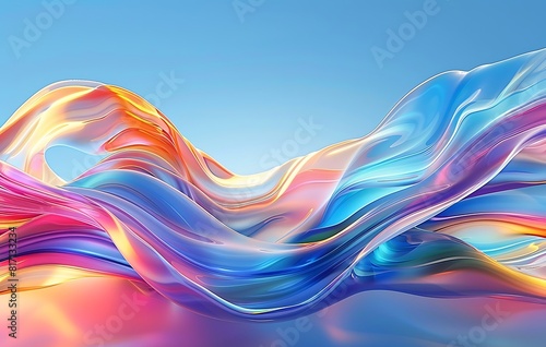 Abstract background with colorful waves on a blue sky, glass texture, curved lines, minimalism, 