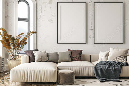 Mockup frame in Scandinavian farmhouse living room interior 3d render
