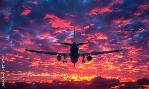 A commercial airplane landing on a runway with a vivid sunset backdrop. Generate AI