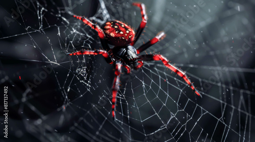 A spider is sitting on a web. The spider is red and black