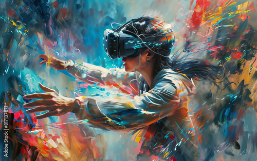 Design a photorealistic oil painting featuring a virtual reality-inspired performance