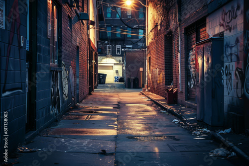 A dark alleyway with graffiti on the walls and a trash can in the middle. The alleyway is wet from the rain and the light is shining on it