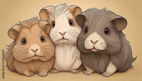  A trio of guinea pigs, each with different fur patterns, snuggled together on a subtle cream 
