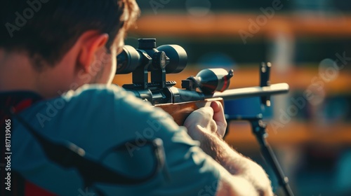 white man practicing target shooting sport, person is focused and enjoying the sport, sports photography, generative ai