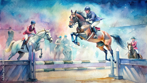 An eventing competition scene showcases the exhilarating stadium jumping phase, with horses and riders striving for a flawless performance.