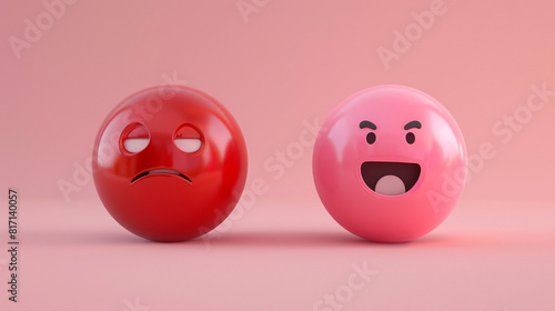 A photorealistic 3D of a pastel red sad emoji next to a garnet laughing emoji, both on a solid pale pink background, exploring subtle emotional shifts.