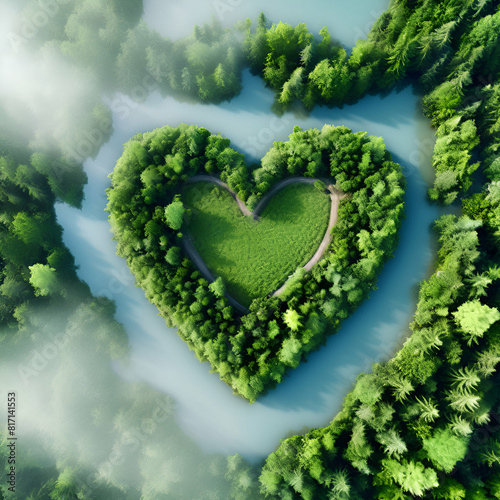Aero view to forest in shape of heart. Ecology, nature protection, biodiversity, climate change, sustainability, health concept