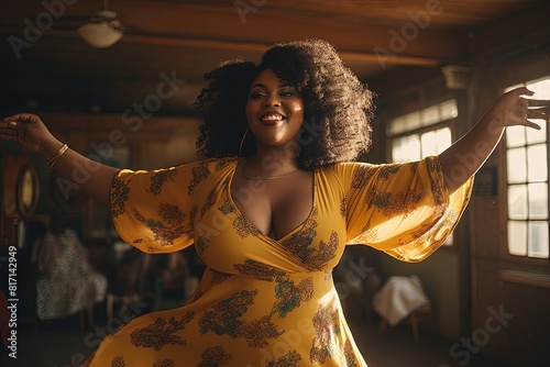 A young plump woman dances in a dance studio. The concept of body positivity and acceptance of your charming plus size body.