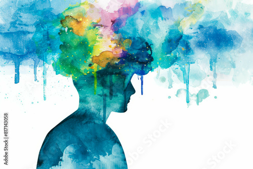 A man's head is painted in blue and yellow with a white background. The painting is abstract and has a dreamy, surreal feel to it. The colors and shapes of the painting evoke a sense of creativity