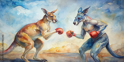Detailed painting of a kangaroo sparring with a professional boxer in a controlled environment, demonstrating skill and athleticism