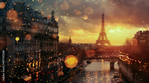 A city scene with a beautiful view of the Eiffel Tower. The city is lit up with lights, creating a warm and inviting atmosphere. The waterway is filled with boats, adding to the lively