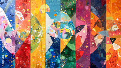 A colorful painting with a variety of shapes and colors. The painting is a collage of different pieces, each with its own unique design. The overall mood of the painting is vibrant and energetic