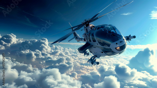 A helicopter is flying through a cloudy sky. The clouds are white and fluffy, and the sky is blue. The helicopter is the main focus of the image, and it is soaring through the air with ease