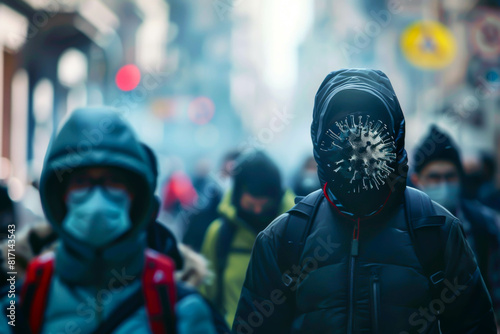 A man wearing a mask and a hooded jacket is walking down a street with other people. The scene is blurry and dark, giving it a moody and mysterious feel