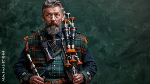 Male in traditional Scottish kilt playing bagpipes, deep forest green background