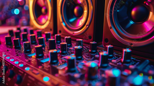 A colorful image of a sound board with many knobs and buttons. Concept of creativity and excitement, as it is likely being used by a musician or sound engineer to create music or mix tracks