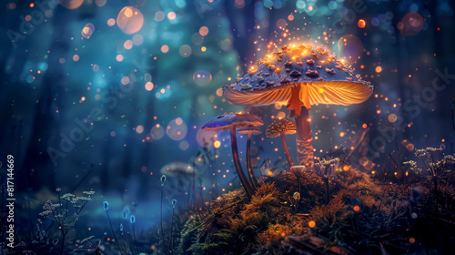 A mushroom is surrounded by other mushrooms and is lit up by a light. The scene is set in a forest with a blue sky in the background