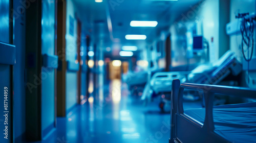 A hospital hallway with a bed in the foreground. The hallway is lit up with blue lights, giving it a sterile and clinical feel