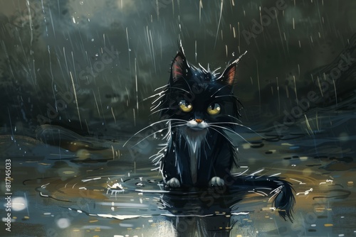 Snicker at the sight of a cartoon cat sitting forlornly in a puddle, looking completely bedraggled and defeated. 