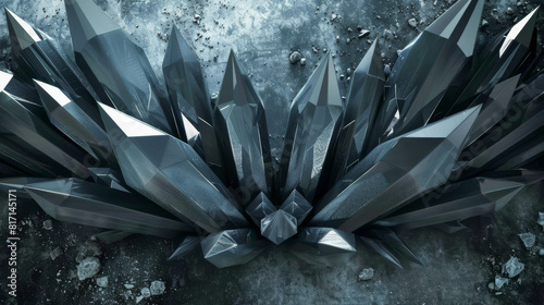 A close up of a large crystal formation. The crystals are all different sizes and shapes, and they are all facing different directions. The image has a sense of depth and dimension