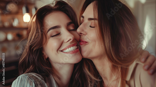 Happy loving adult daughter kissing cheerful laughing mature mum with love, gratitude, congratulating on mothers day, enjoying family meeting, visit, friendship, leisure time
