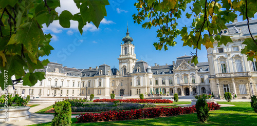 Beautiful baroque Festetics Castle in Keszthely Hungary with flowers in the park